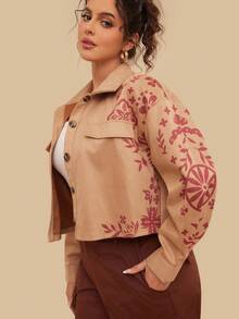 SHEIN VCAY 大码女式卡其色长袖短款外套，图案外套，秋冬女装，适合学校、返校节、商务休闲、教堂、乡村音乐会等场合，棕色上衣，纽扣外套，外出上衣，秋季长袖女式上衣