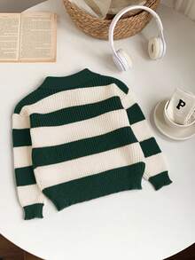 SHEIN 1 Piece Young Boys Casual College Comfortable Fashion Simple Practical All-Match Soft Comfortable Loose Striped Polo Sweater Suitable For Birthday Parties, Parties, Shows Suitable For Kids Outfits Young Boy Clothes School Back To School Boys Set Daily Suitable For School Suitable For Travel Suitable For Sports Suitable For Autumn And Winter Fall