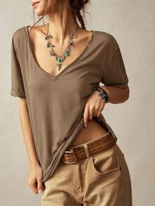 Bohemela Women's Casual Solid Color V-Neck Short Sleeve Loose T-Shirt