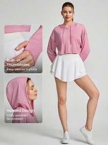 GLOWMODE Modal Ultra-Thin Drawstring Long Sleeve Cropped Hoodie Daily Casual - Pink - View 3