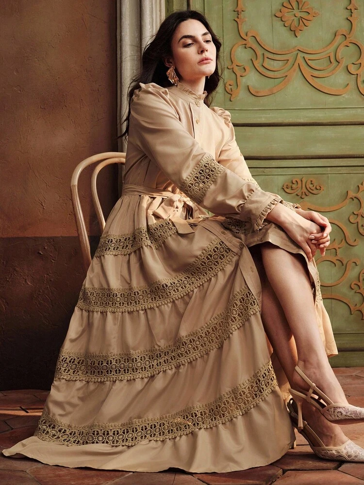 Women's Frill Collar Contrast Lace Long Sleeve Single-Breasted Elegant Dress