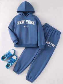 2pcs BASICS Kids Tween Girl Casual Everyday Versatile Comfortable Letter & Graphic Print Hoodie Sweatshirt And Relaxed Fit Jogger Pants Set, Suitable For Commuting, School, Casual, Holiday, Sports, Spring/Summer/Fall/Winter - Blue - View 6