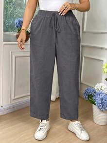 SHEIN LUNE CURVE Quần dài vải cotton đa năng, thường ngày, cỡ lớn dành cho nữ - Màu xám đen - Xem 4