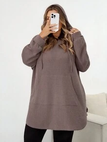 SHEIN CURVE+ Plus Size Solid Color Hooded Drawstring Asymmetrical Hem Sweatshirt Winter Fall Autumn/Autumn /Winter - Dusty Pink - View 10