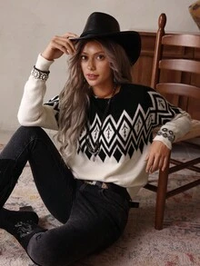 Women's Two-Tone Jacquard Bohemian Western Casual Sweater, LanaWest Fall Winter Cloth For Women - Black - View 7