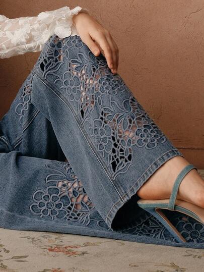 Anewsta Savoree Pantalones vaqueros anchos de talle alto, elegantes, con bordados y calados para mujer, adecuados para primavera y fiestas del Día de San Valentín