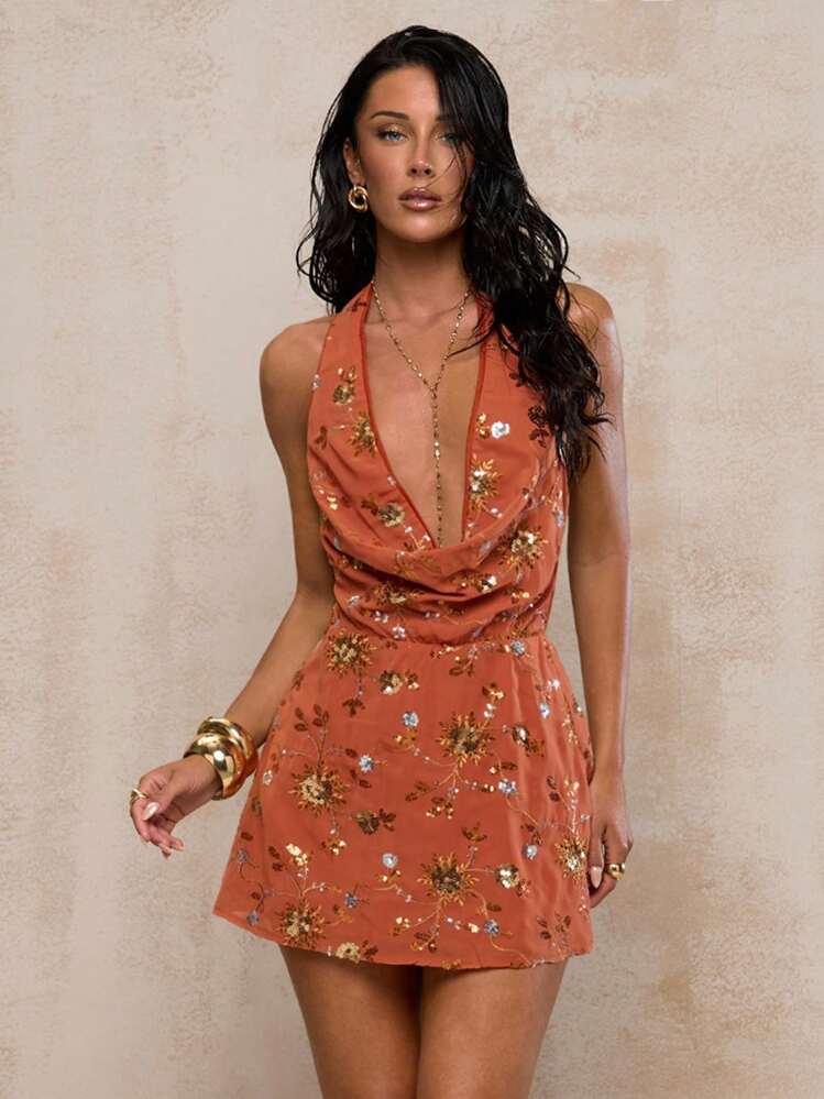 Glamine 夏季女士性感露背挂脖连衣裙 - 橘色 - 查看 4