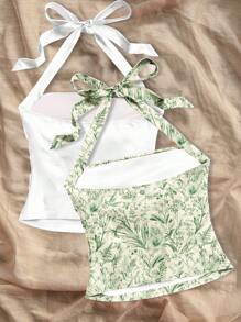 Soleia 2 件套露背花卉印花褶饰女式吊带背心上衣花卉背心，夏季上衣 - 彩色 - 查看 2