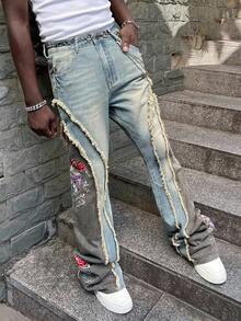 ROMWE MEN Street Life 男士水洗做旧花卉刺绣拼布多层牛仔裤 - 藍色 - 查看 3