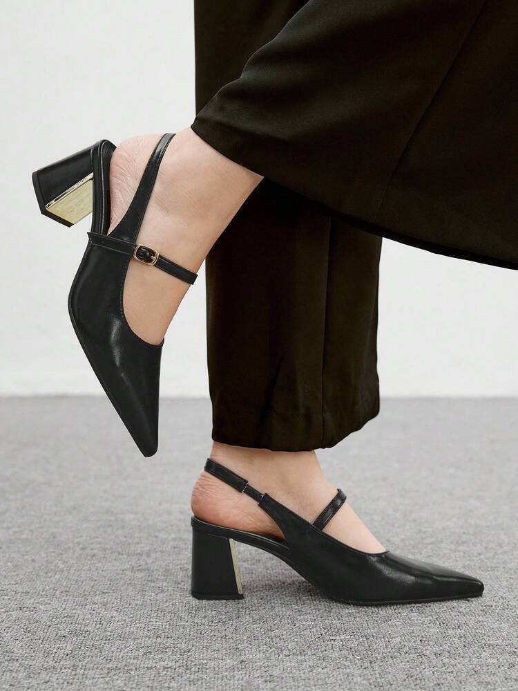 CUCCOO BIZCHIC Zapatos de tacón alto elegantes y apropiados para la oficina para mujeres. Punta afilada, tacón grueso, correa individual con decoración metálica, talón descubierto, adecuados para el transporte y el trabajo.