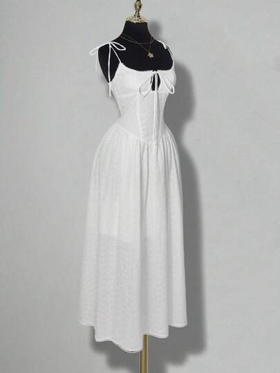 SHEIN ICON Bowknot Strap Waist & Bust Lace Patchwork Flared Dress