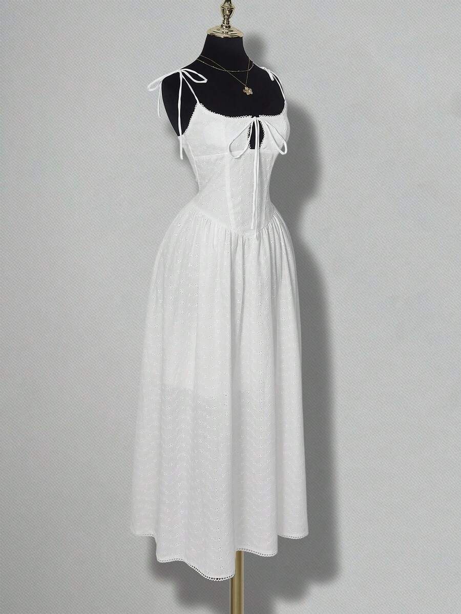 SHEIN ICON Bowknot Strap Waist & Bust Lace Patchwork Flared Dress - White - View 1