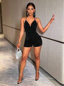 BamGleam Halter Neck Backless Romper, For Summer - Black - View 3