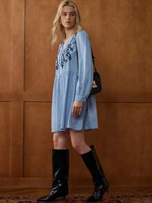 Écloséra 复古法式宽松刺绣V领长袖连衣裙，女款，春秋季 - 藍色 - 查看 5