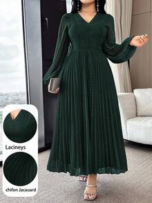 Modelyn Đầm midi tay dài cổ chữ V tối giản màu trơn dành cho nữ, mặc thường ngày - Màu xanh lá cây đậm - Xem 1