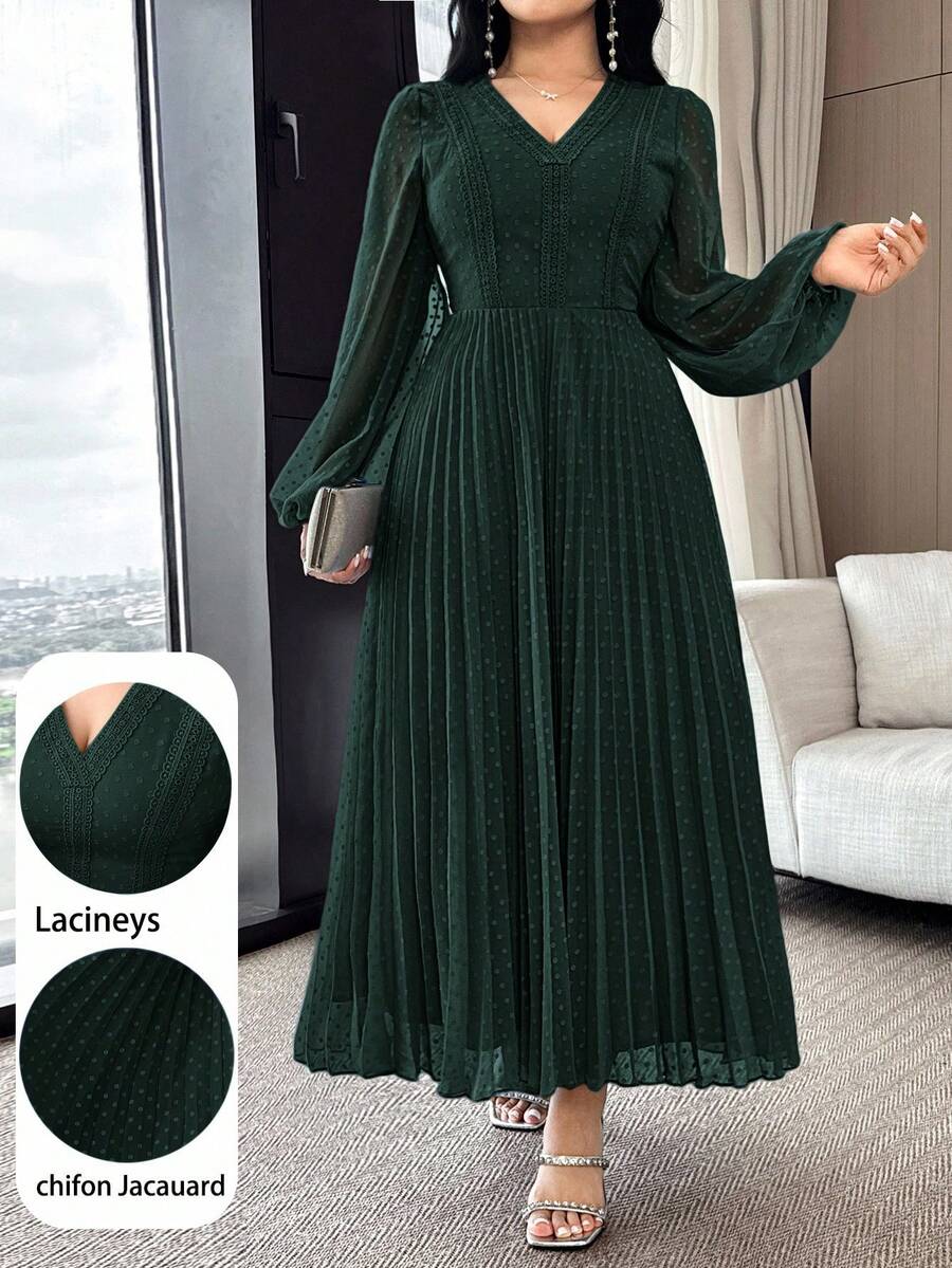 Modelyn Đầm midi tay dài cổ chữ V tối giản màu trơn dành cho nữ, mặc thường ngày - Màu xanh lá cây đậm - Xem 1