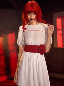 ANNABELLE x SHEIN 圆领 3D 花卉装饰短袖连衣裙，适合角色扮演 - 白色 - 查看 6