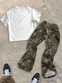 SHEIN 2 件套青少年男孩休闲时尚经典酷炫自由女神像脸掌、军用迷彩、自然枯枝印花短袖圆领 T 恤和喇叭裤套装，适合夏季 - 彩色 - 查看 2