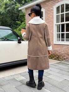 SHEIN Tween Girl Collared Long Sleeve Fleece Coat, Casual Daily Fashion Versatile Brown Coat - Brown - View 2