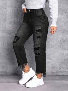 SHEIN Essnce 大码女式休闲破洞口袋牛仔裤 - 黑色 - 查看 3