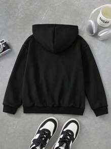 PAVTROS Tween Boy Matching Casual All-Match Versatile Sports Chic Urban Street Cross Print Zip-Up Loose Sweatshirt In Black - Black - View 2