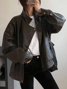 DAZY 女士复古 PU 皮夹克，街头休闲飞行员夹克 - 棕色 - 查看 1