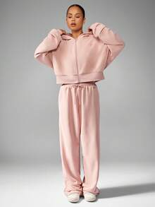 MISSGUIDED 舒适短款全拉链连帽衫拉绒羊毛运动衫冬季休闲必备连帽衫带抽绳罗纹下摆休闲日常层 - 藕粉色 - 查看 3