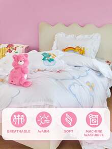 SHEIN X Care Bears 3pc Rainbow & Cartoon Bear Print Ruffle Trim Bedding Set,Gifts Suitable For Single Bed/Double Bed/Queen Bed/King Bed, Dormitory/Home - White - View 11