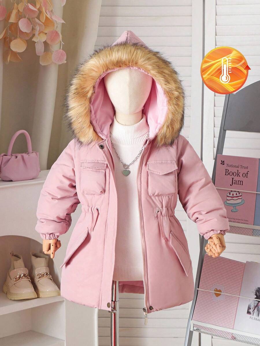 SHEIN 女童少女秋冬新款简约时尚百搭厚棉衣,带毛领,拉链,口袋,腰部收紧,棉服 - 粉色 - 查看 1