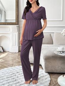 Solid Color V-Neck Ruffle Trim Short Sleeve Pants Maternity Pajama Set Maternity Pajamas Set Maternity Lounge Set Postpartum Pajamas Set Postpartum Lounge Set Purple Maternity Pajamas - Purple - View 3
