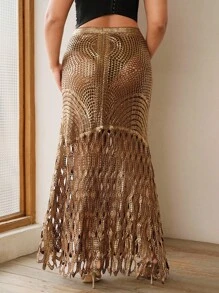 Anewsta Women's High-End Elegant Exquisite Laser Cut Foil Skirt, Plus Size - Brown - View 2