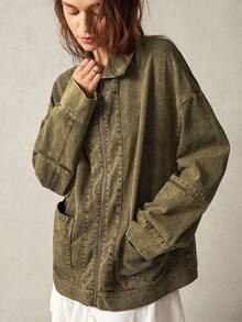 Bohemela Women's Turndown Collar Long Sleeve Pocket Jacket,Fall - Army Green - View 4