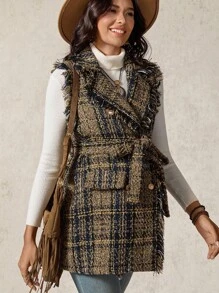 Boho Mama 孕妇格子翻领双排扣无袖优雅常规外套 - 棕色 - 查看 5