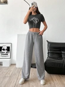RueChic Women Mid Waist Wide Leg Sweatpant - Grey - View 6
