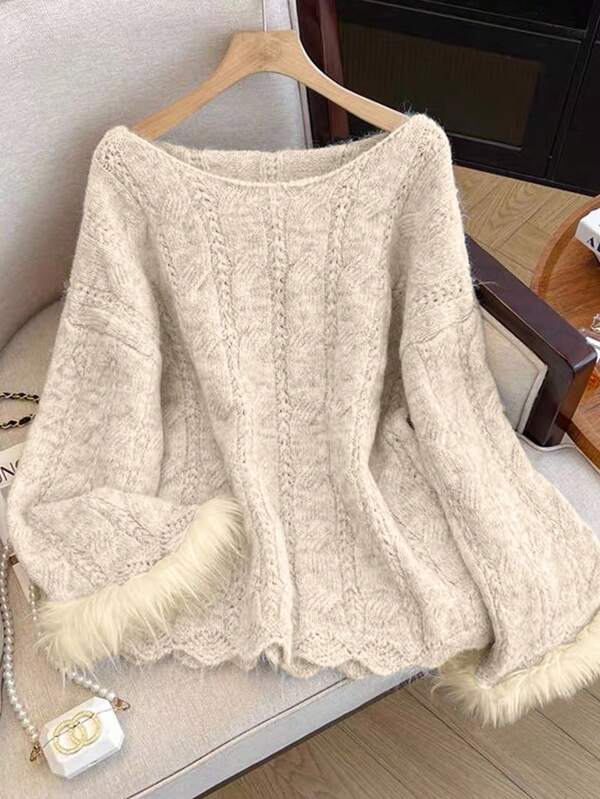 DreamSkyne Suéter de punto casual y elegante para mujer de DreamSkyne, de manga larga con hombros descubiertos, cuello redondo, diseño de trenzas y parches, puños con flecos, talla grande, para otoño e invierno