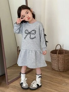 Genkimix Kids Váy công chúa trang trí nơ tay dài thanh lịch cho bé gái - Xám - Xem 3