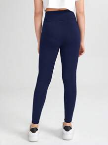 SHEIN Teen Girl Solid Color High Waist Leggings Fall Winter - Navy Blue - View 2