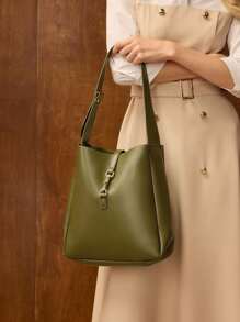 MOTF PREMIUM BUCKLE PU LEATHER SHOULDER BAG, WORK COMMUTER BAG - Olive Green - View 5