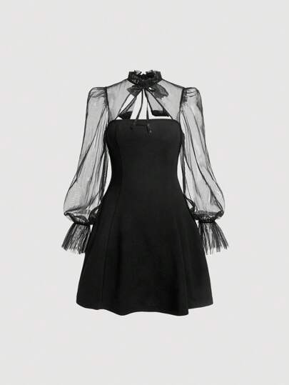 SHEIN X JIMENA & MATEO SHEIN MOD コントラストメッシュフレアスリーブ ネクタイネック ブラックタートルネック ロングスリーブ ドレス、シアー