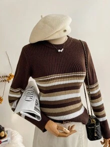 SHEIN Unity Women's Minimalist Chic Brown Striped Long Sleeve Pullover Knit Sweater, Autumn/Winter Fall Cloth For Women - Brown - View 3