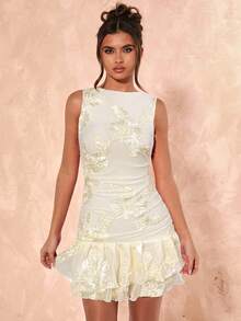 SHEIN BAE 女士夏季度假优雅纹理针织面料双层荷叶边下摆迷你连衣裙、女士沙滩装、女士演唱会装、女士早午餐装、海滩度假装、女士节日装、生日礼服、毕业礼服 - 杏色 - 查看 4