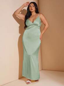 SHEIN BAE 大码女式无袖 V 领露背长款缎面连衣裙，适合度假、音乐节、生日、早午餐、婚礼宾客、优雅礼服派对礼服 - 薄荷綠 - 查看 4