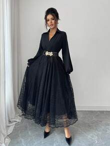 Modelyn 女士时尚休闲通勤撞色蕾丝黑色连衣裙 - 黑色 - 查看 3