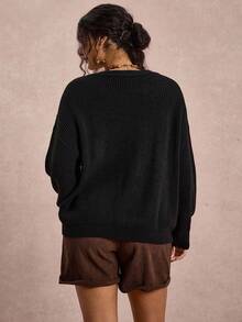 SHEIN VCAY Plus Size Women's Black Autumn Smart Casual V-Neck Cable Knit Sweater,Loose Dropped Shoulder Long Sleeve Pullover For Vacation,Daily Commute Basic - Black - View 2