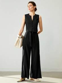 Uhlyne 女装春夏轻薄职场通勤休闲日常优雅藏青色亚麻V领无袖上衣带吊带假裹身阔腿裤两件套 - 黑色 - 查看 4