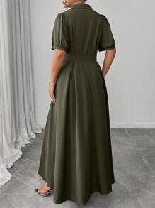Elenzga 加大码优雅纯色灯笼袖连衣裙，夏季通勤时尚衬衫裙 - 軍綠色 - 查看 2