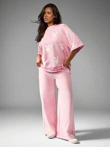Missguided x Playboy Bunny Logo All Over Print Oversized Tee Lounge Wear Comfort Casual Summer Streetwear Graphic T-Shirt - Pink - View 3
