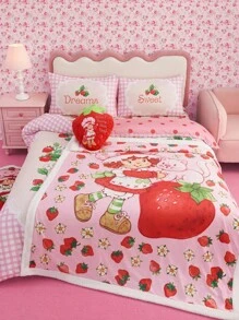 Strawberry Shortcake X SHEIN 3 PiecesStrawberry Print Bedding Set, Soft & Warm, Farmhouse Style, Fits Various Bed Sizes,Gift Ideas - Multicolor - View 6