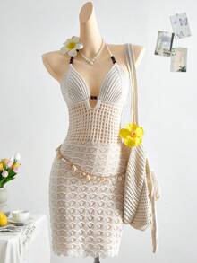 SHEIN Teen Girls Summer V-Neck Hollow-Out Wooden Beads Fitted Dress, Vacation Spaghetti Strap Backless Ombre Knitted Dress, Suitable For Vacation, Date, Afternoon Tea, Holiday, Music Festival, Bohemian - White - View 1