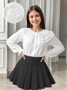 SHEIN Sparklyn Chemisier à manches longues boutonnée avec ourlet volant de couleur unie pour préadolescentes - Multicolore - Voir 1